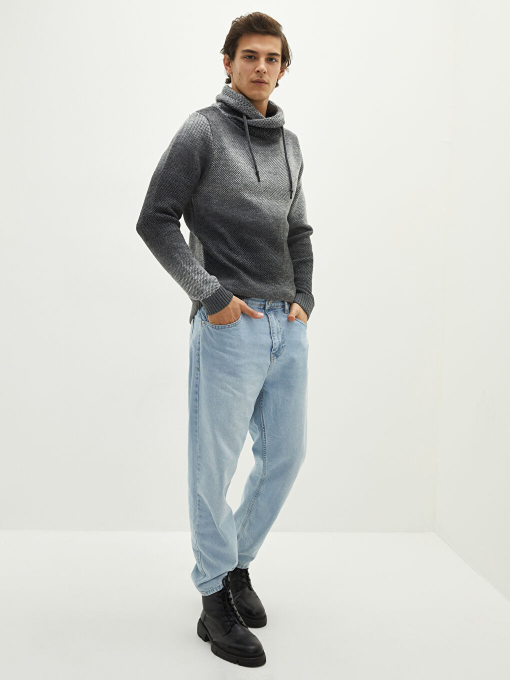 Antrasit Keşiş Yaka Uzun Kollu Erkek Triko Kazak-2