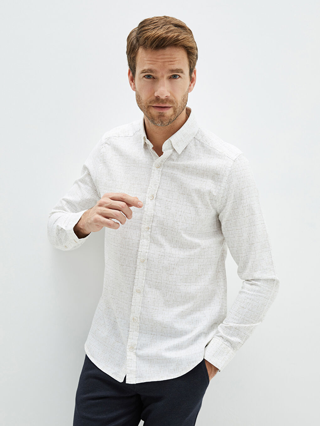 Bej Slim Fit Uzun Kollu Oxford Erkek Gömlek-1