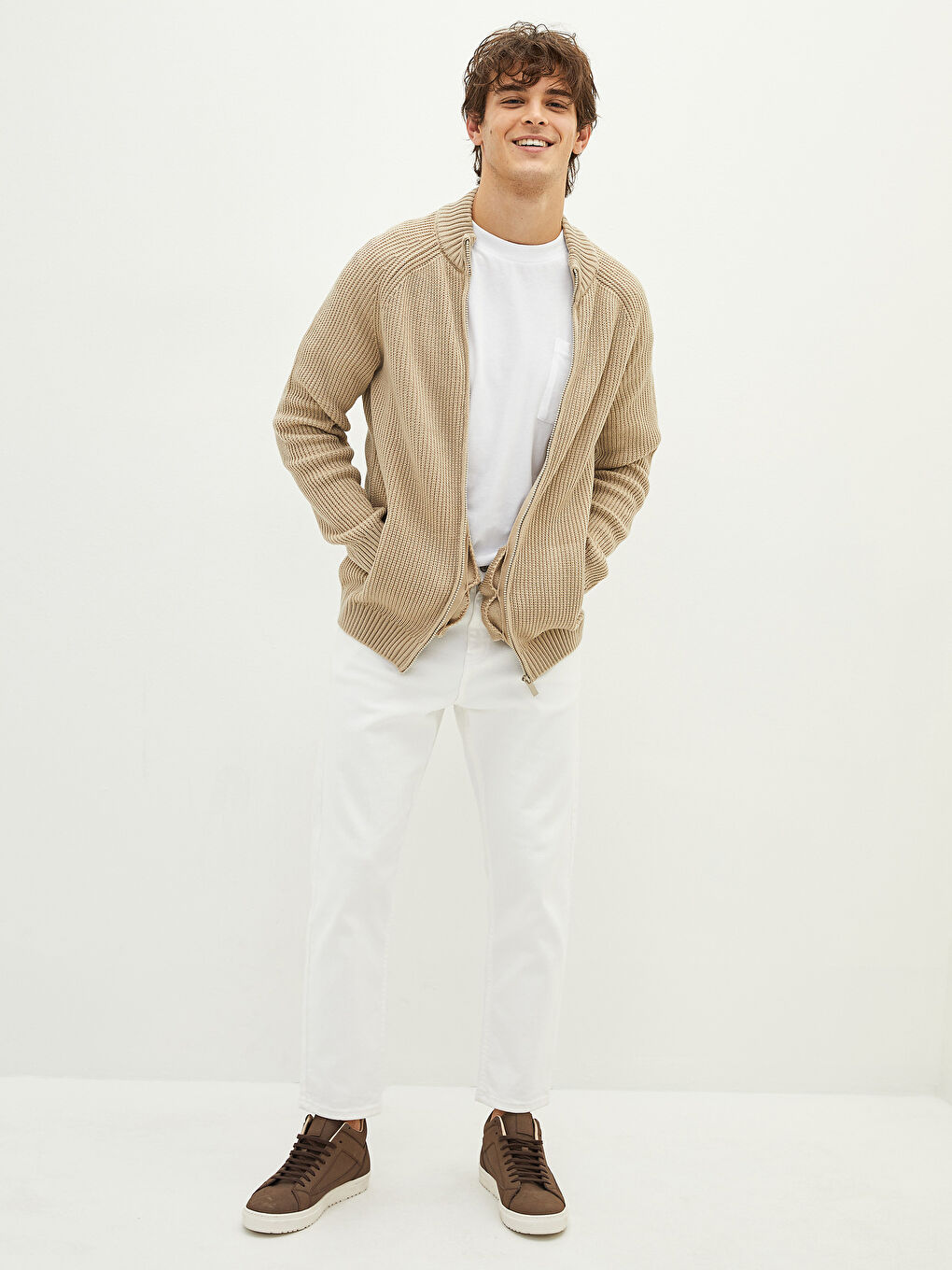 Bej Dar Kalıp Dik Yaka Uzun Kollu Erkek Triko Hırka-3