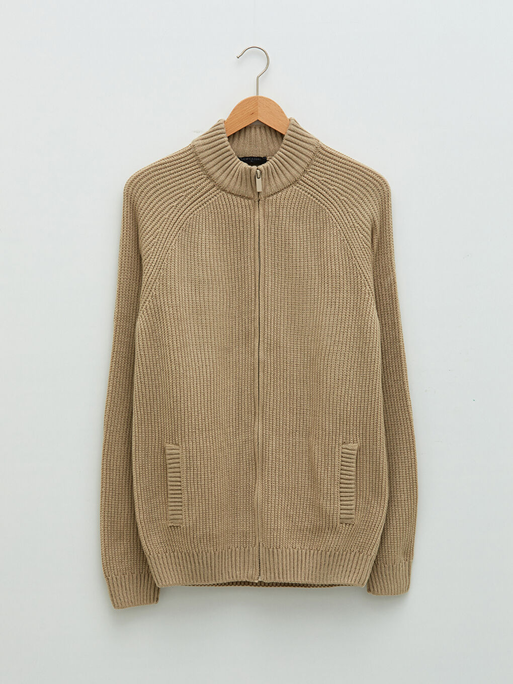 Bej Dar Kalıp Dik Yaka Uzun Kollu Erkek Triko Hırka-5