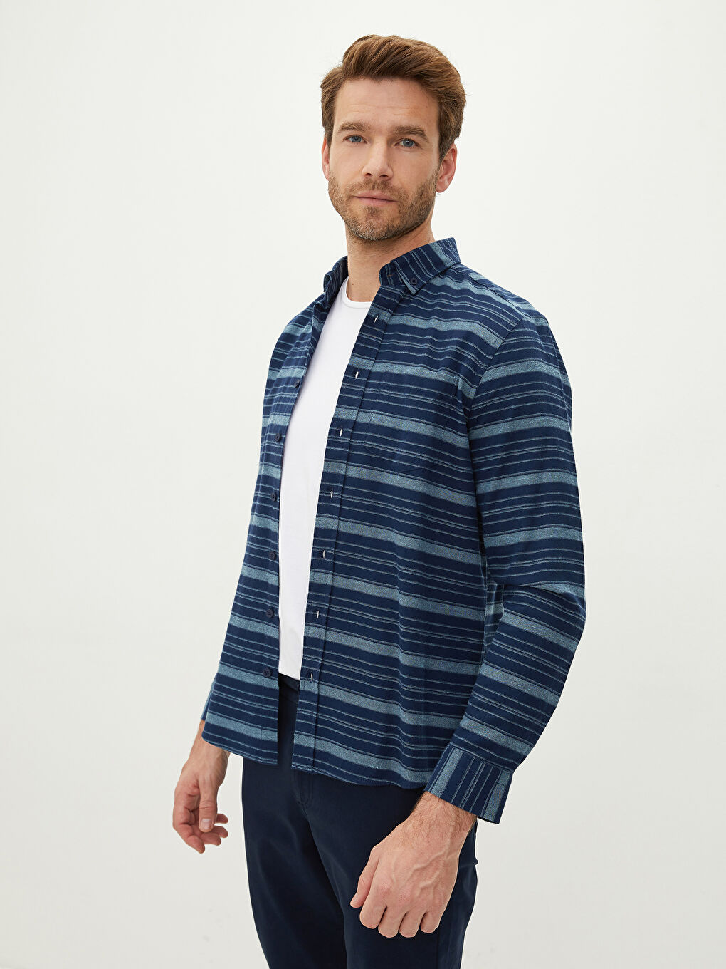 Yeşil Regular Fit Uzun Kollu Çizgili Erkek Gömlek