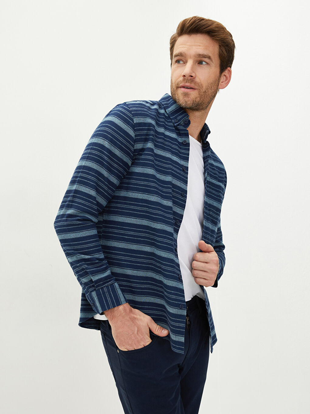 Yeşil Regular Fit Uzun Kollu Çizgili Erkek Gömlek-1