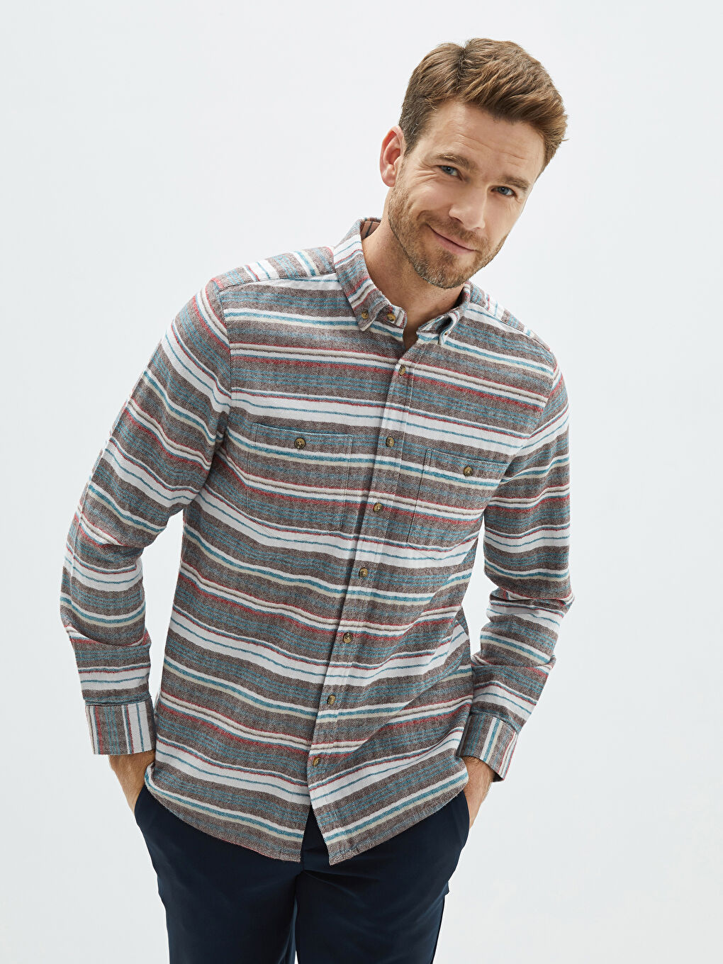 Ekru Regular Fit Uzun Kollu Çizgili Erkek Oduncu Gömlek