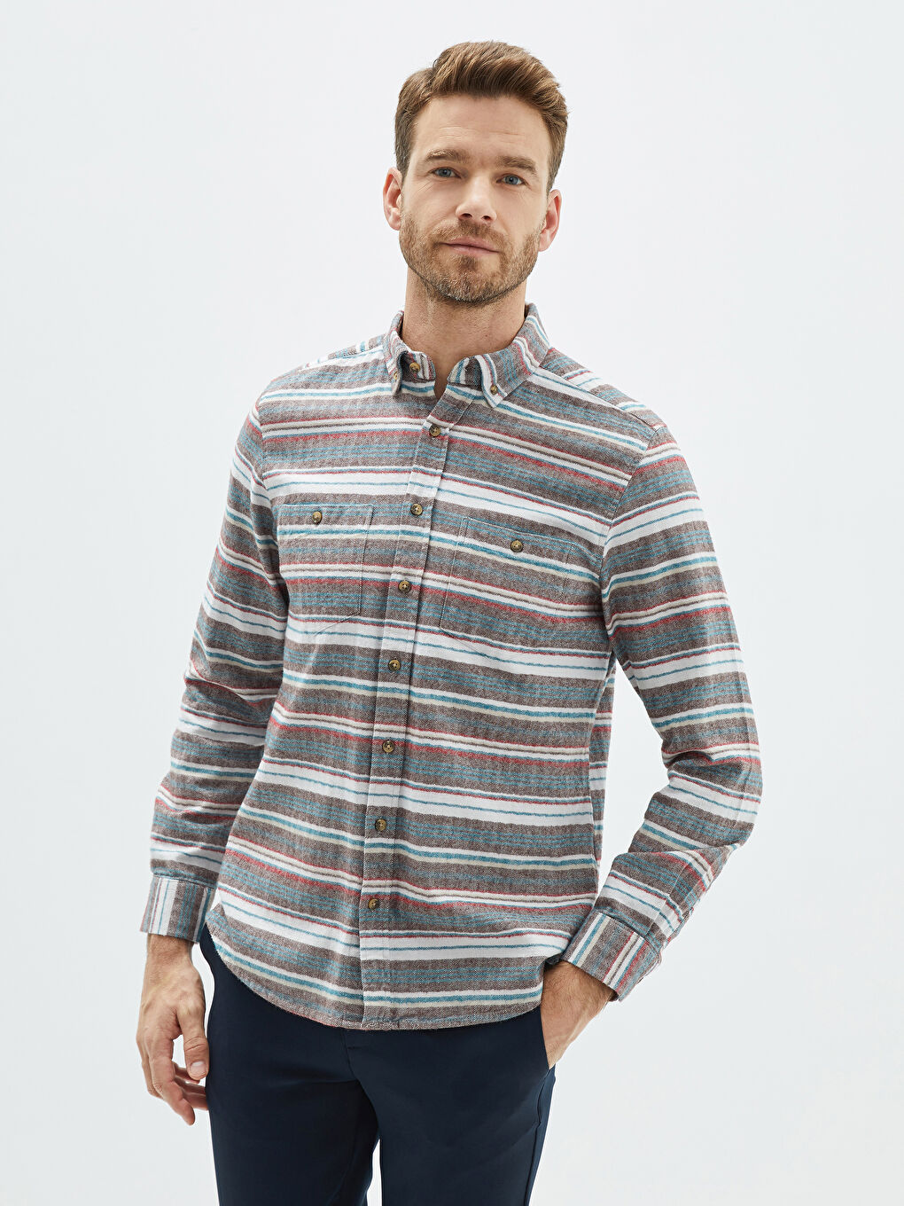 Ekru Regular Fit Uzun Kollu Çizgili Erkek Oduncu Gömlek-1