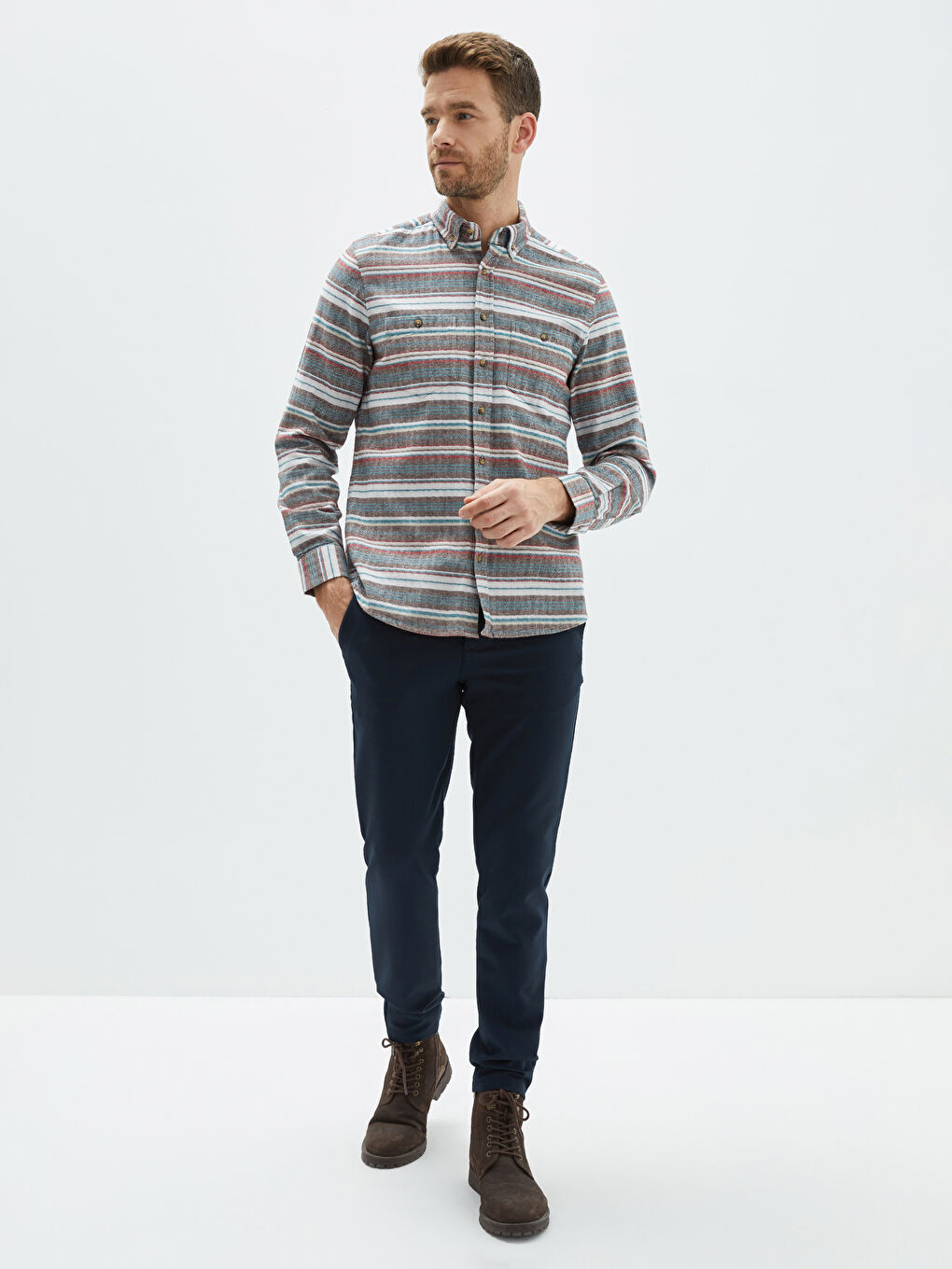 Ekru Regular Fit Uzun Kollu Çizgili Erkek Oduncu Gömlek-2