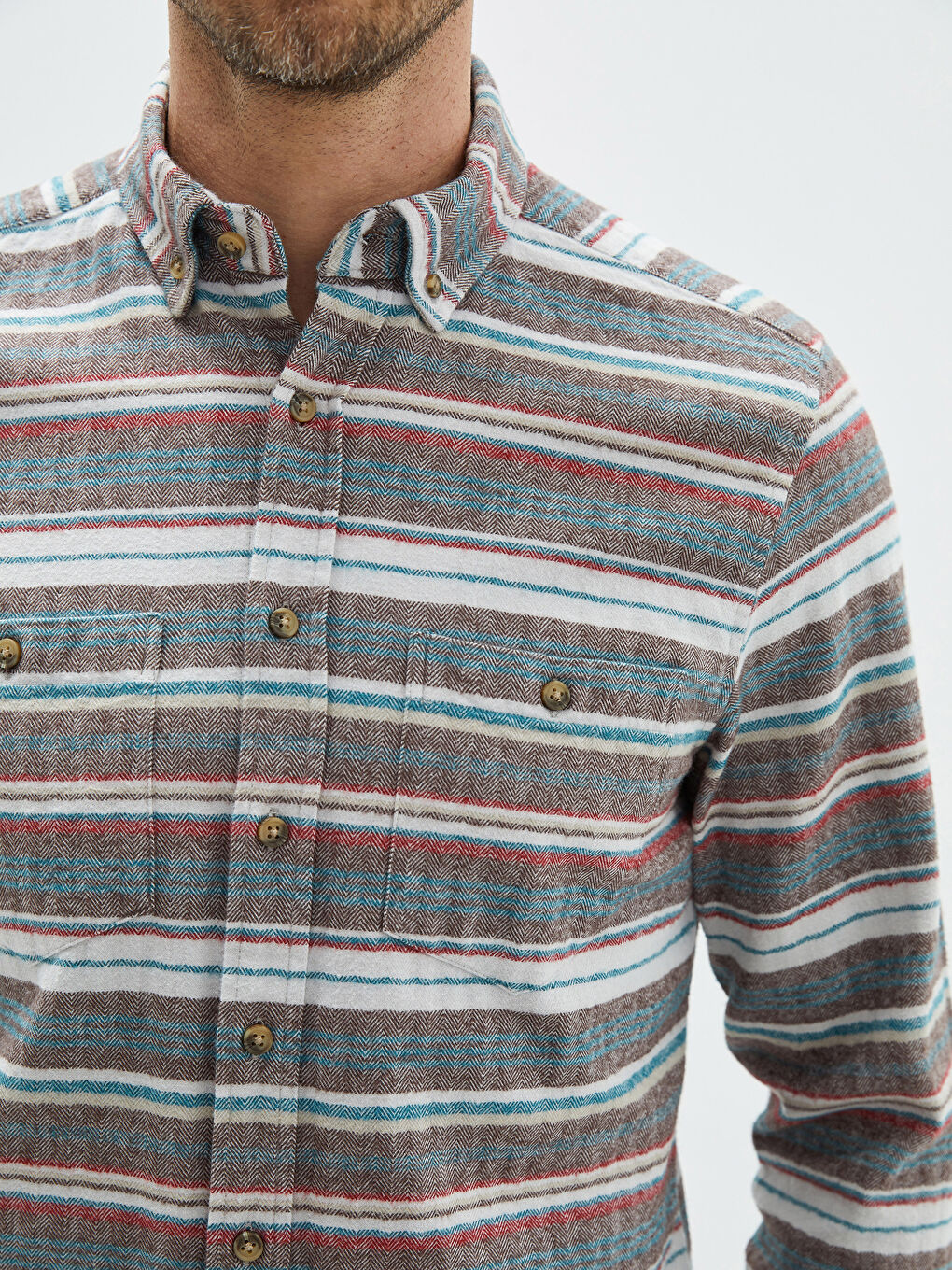 Ekru Regular Fit Uzun Kollu Çizgili Erkek Oduncu Gömlek-3