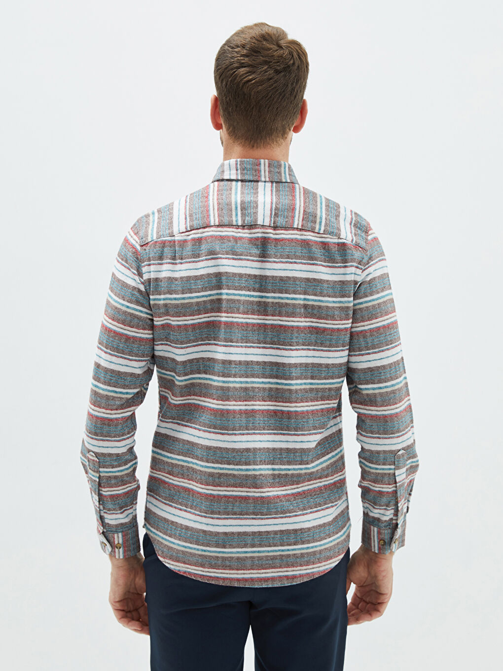 Ekru Regular Fit Uzun Kollu Çizgili Erkek Oduncu Gömlek-4