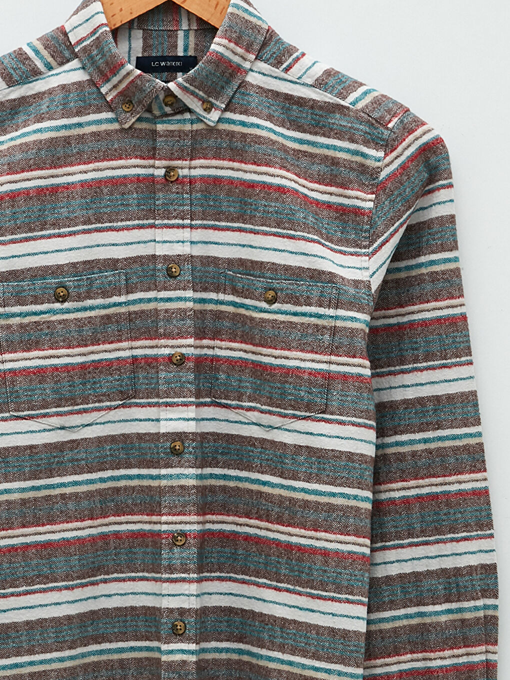 Ekru Regular Fit Uzun Kollu Çizgili Erkek Oduncu Gömlek-7