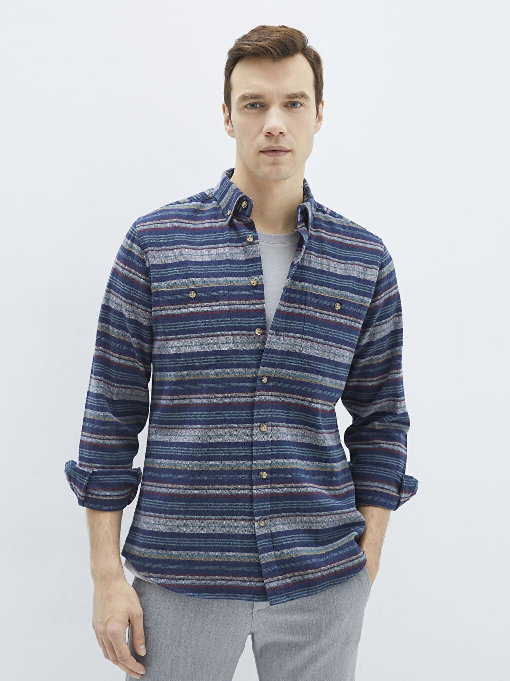 Lacivert Regular Fit Uzun Kollu Çizgili Erkek Oduncu Gömlek