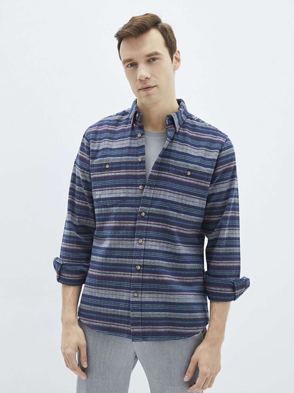 Lacivert Regular Fit Uzun Kollu Çizgili Erkek Oduncu Gömlek-1
