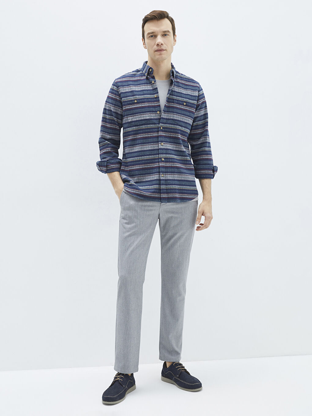 Lacivert Regular Fit Uzun Kollu Çizgili Erkek Oduncu Gömlek-2