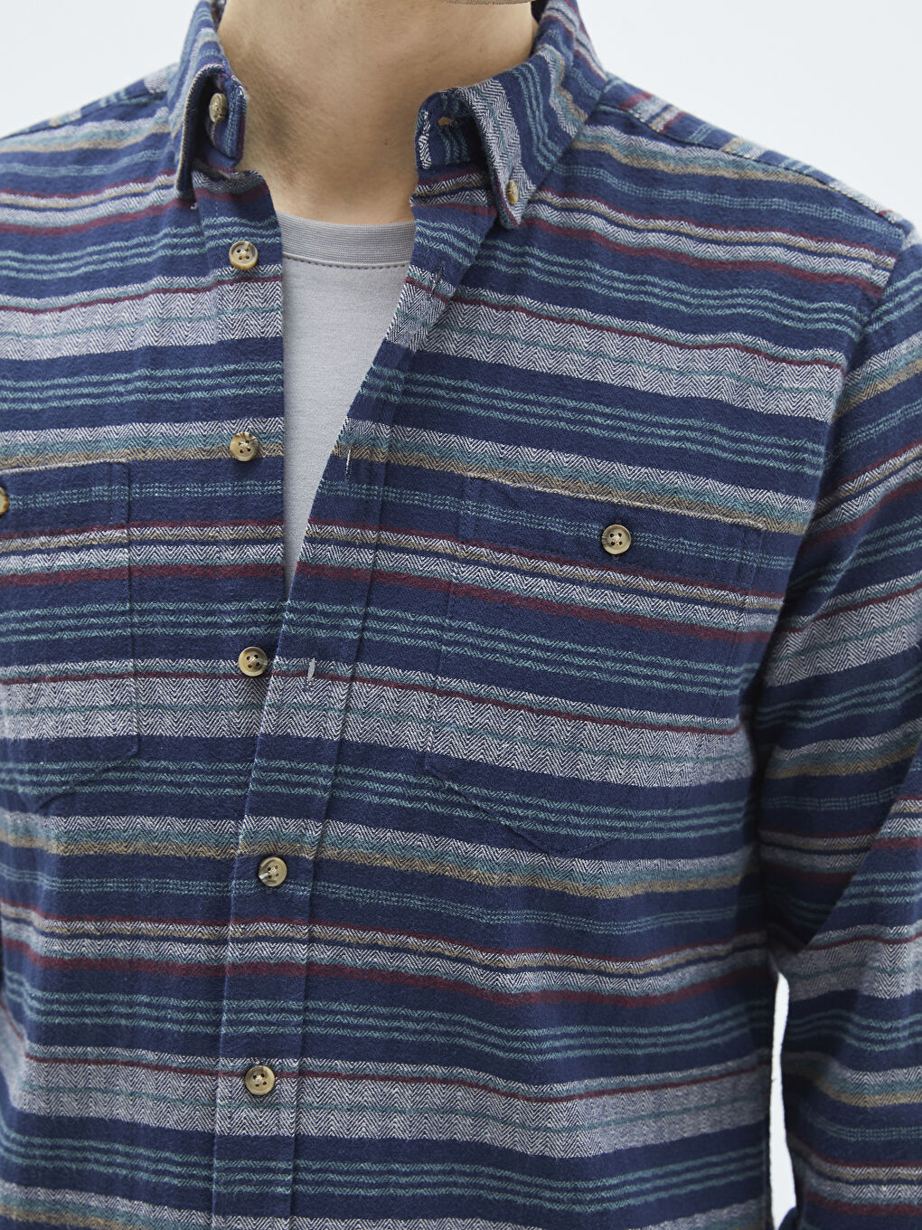 Lacivert Regular Fit Uzun Kollu Çizgili Erkek Oduncu Gömlek-3