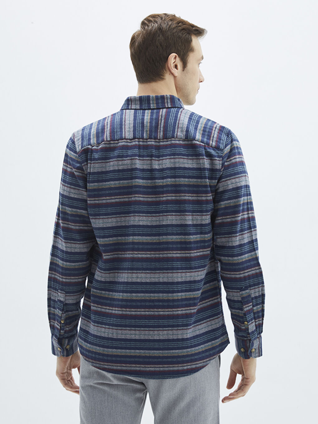 Lacivert Regular Fit Uzun Kollu Çizgili Erkek Oduncu Gömlek-4