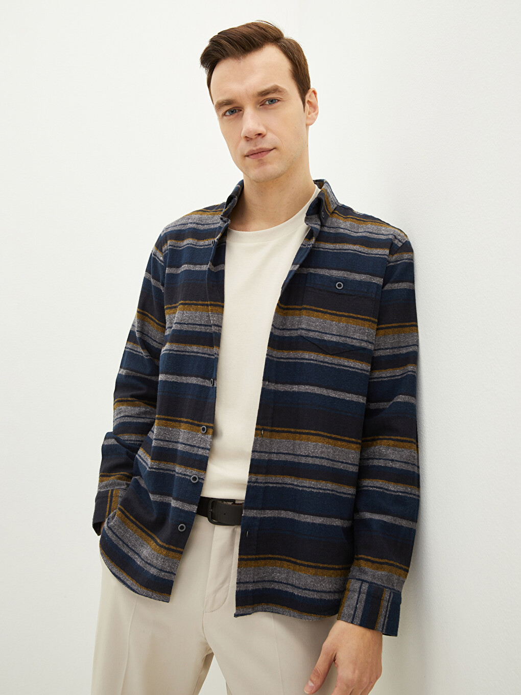 Regular Fit Long Sleeve Striped Men's Flannel Shirt Jacket