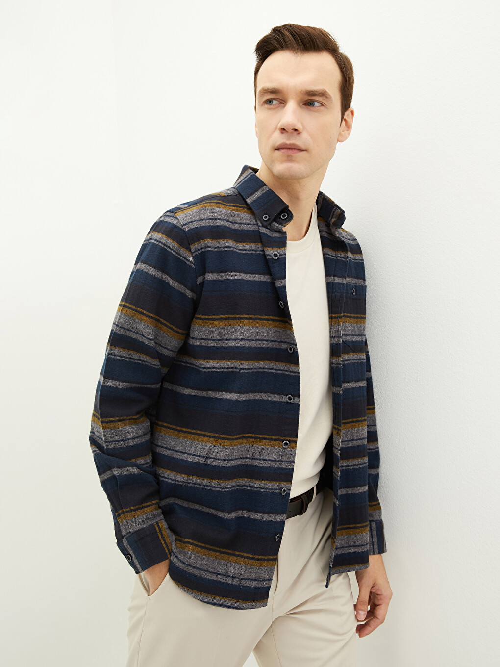 Regular Fit Long Sleeve Striped Men's Flannel Shirt Jacket-1
