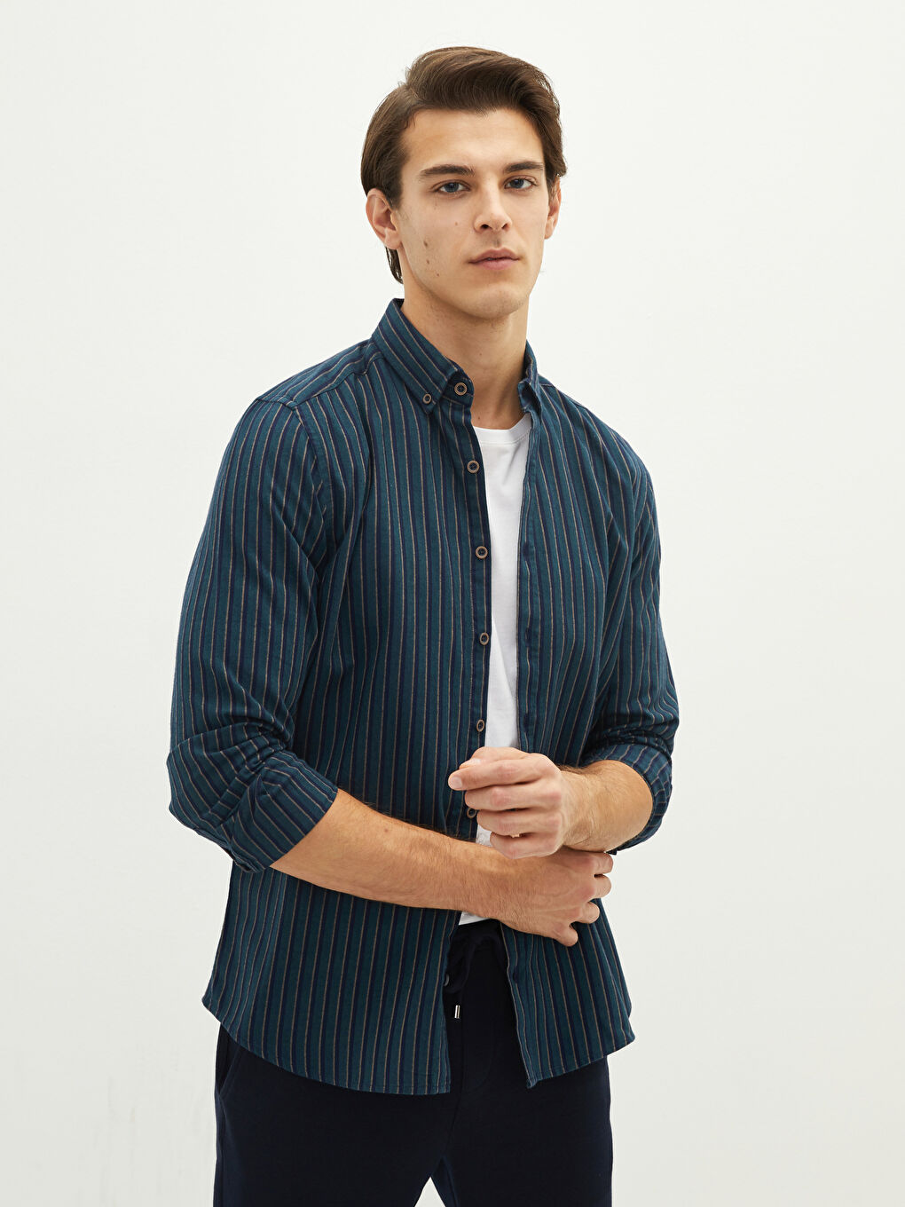 Slim Fit Long Sleeve Striped Twill Men's Shirt