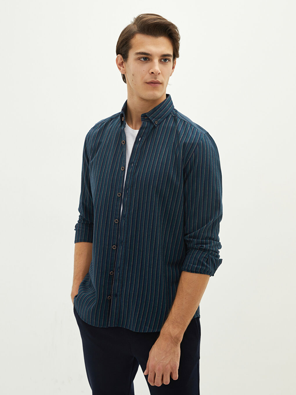 Slim Fit Long Sleeve Striped Twill Men's Shirt-1