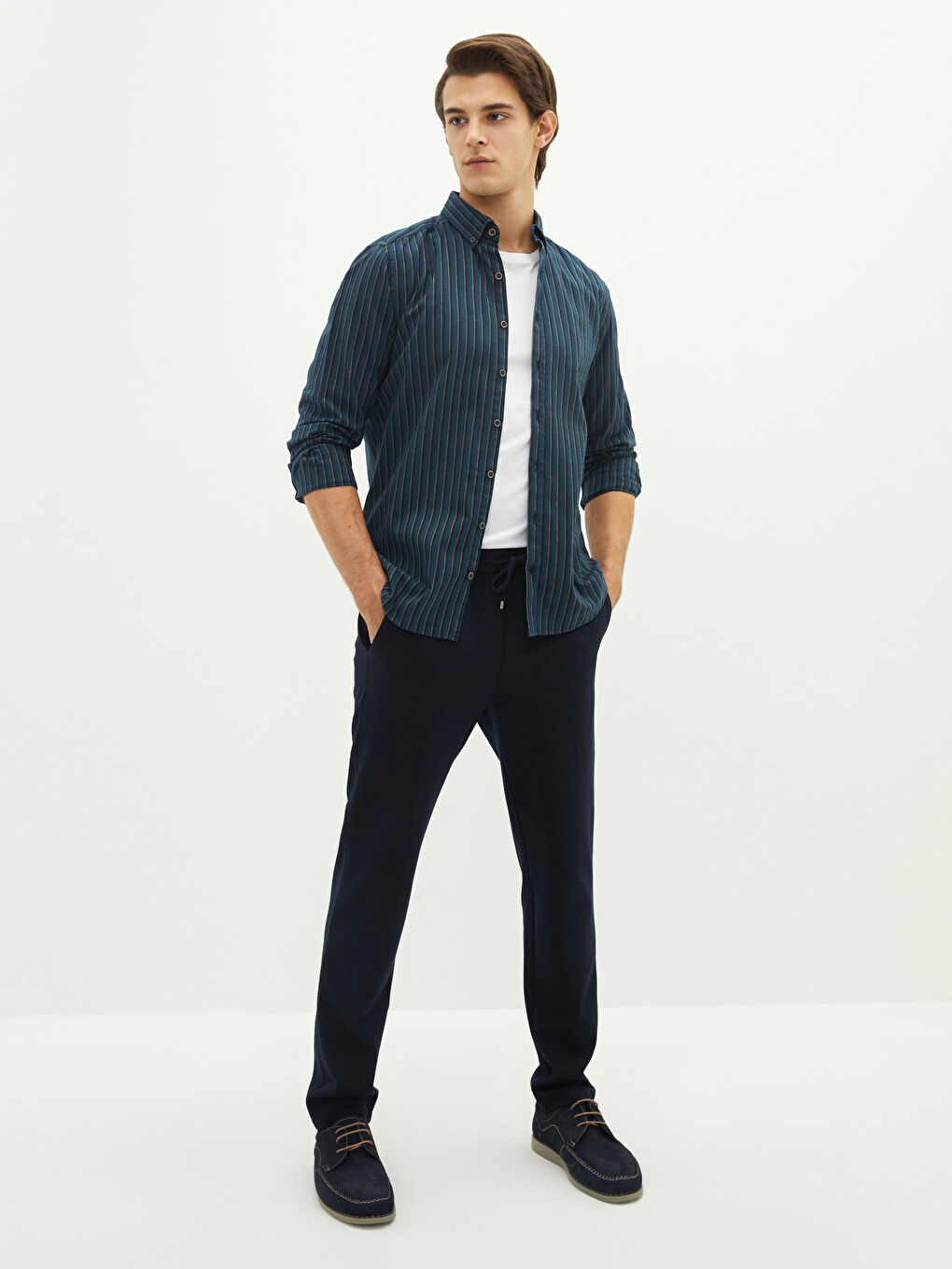 Slim Fit Long Sleeve Striped Twill Men's Shirt-2