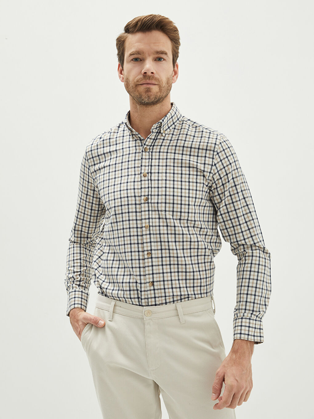 Ekru Regular Fit Uzun Kollu Ekose Erkek Gömlek-1