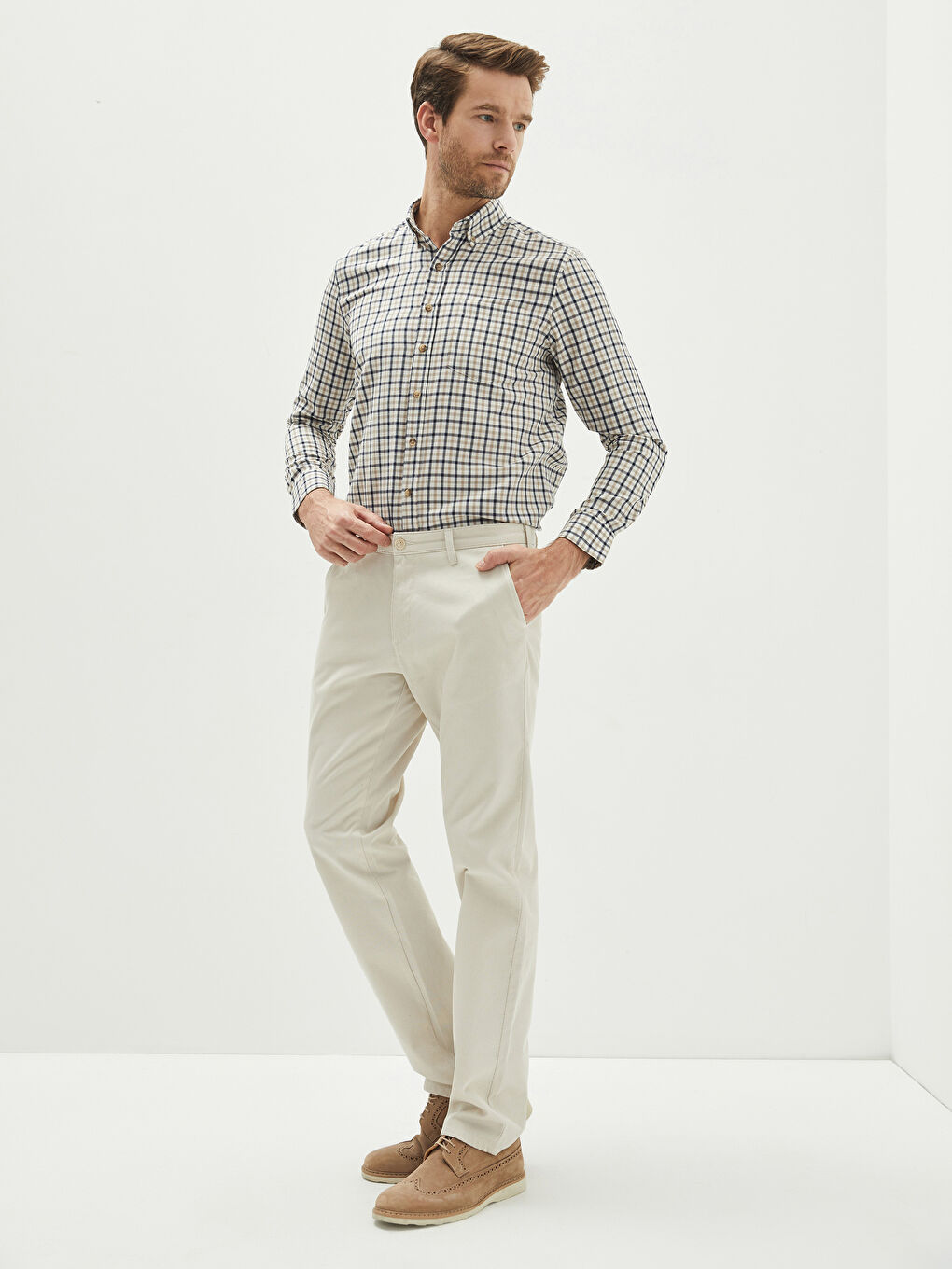 Ekru Regular Fit Uzun Kollu Ekose Erkek Gömlek-2