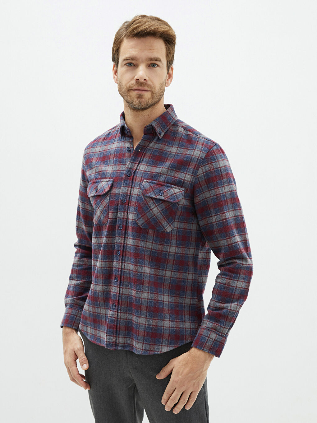 Veste Chemise en Flanelle Écossaise à Manches Longues Coupe Régulière pour Hommes-1