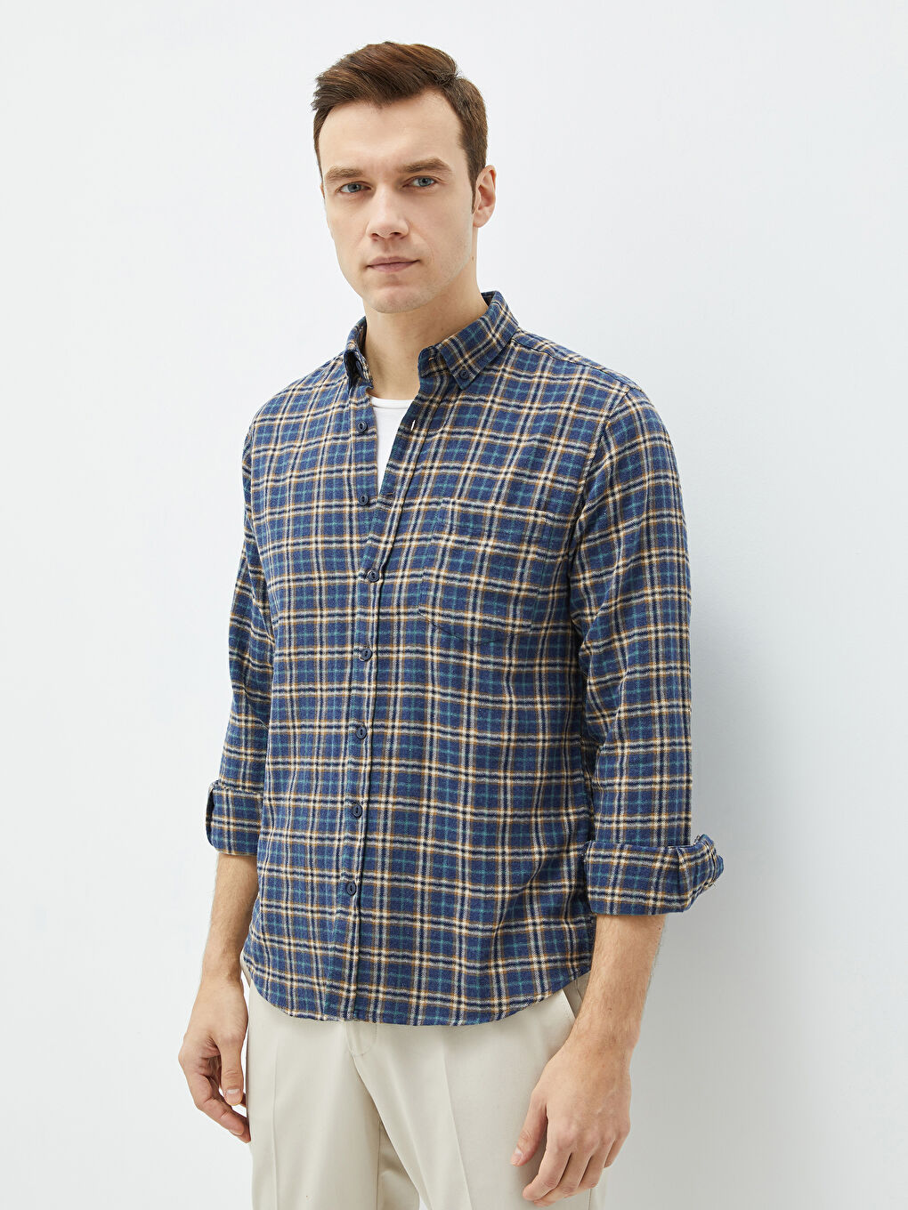 Lacivert Regular Fit Uzun Kollu Ekose Erkek Gömlek