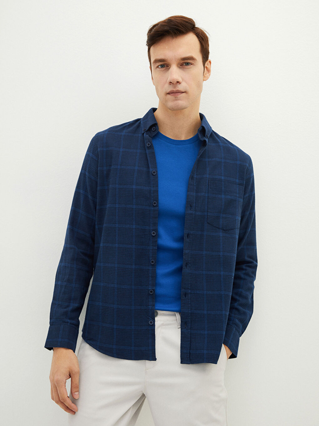 Slim Fit Long Sleeve Plaid Twill Men's Shirt