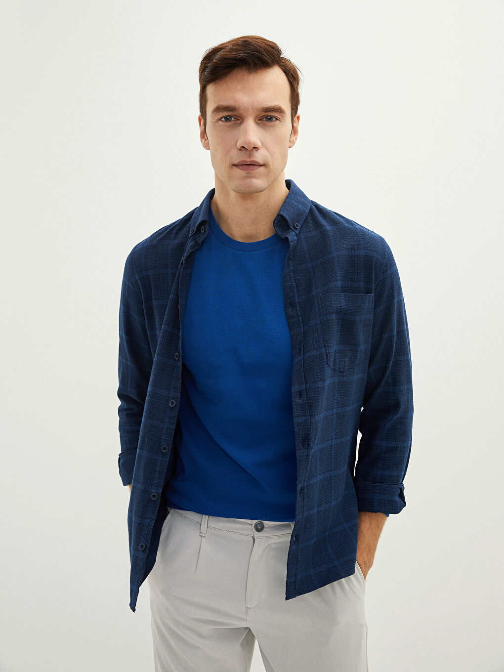 Slim Fit Long Sleeve Plaid Twill Men's Shirt-1