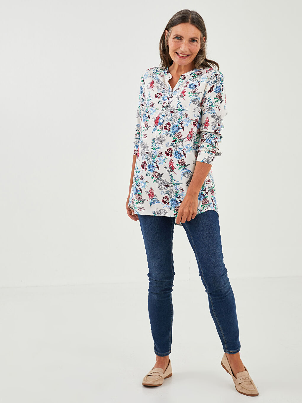Henley Neckline Flower Long Sleeve Viscose Women's Blouse-1