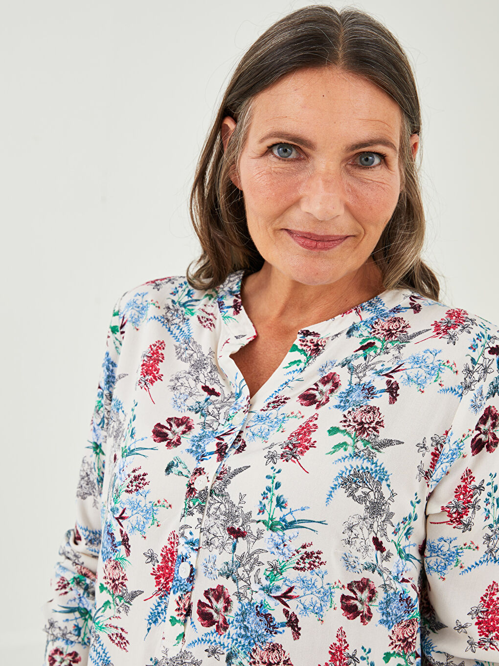 Henley Neckline Flower Long Sleeve Viscose Women's Blouse-2