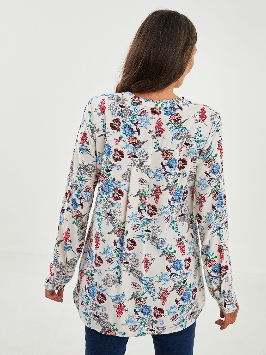 Henley Neckline Flower Long Sleeve Viscose Women's Blouse-4