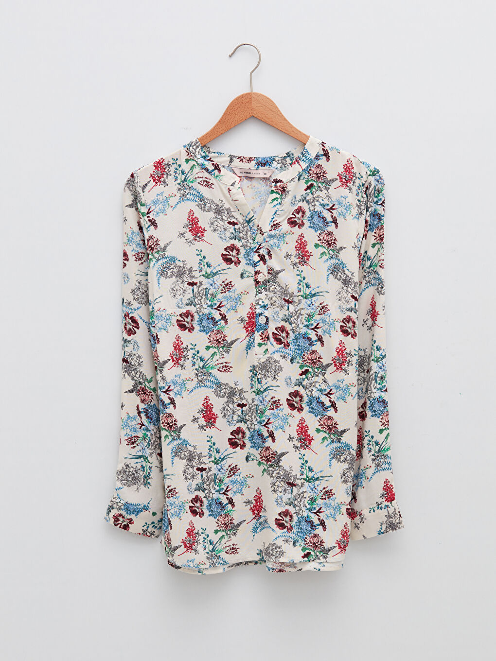 Henley Neckline Flower Long Sleeve Viscose Women's Blouse-5