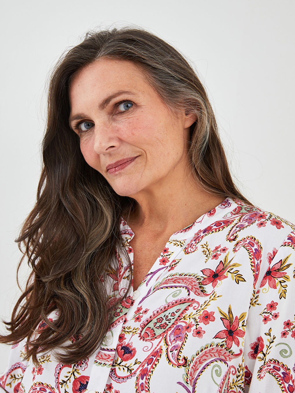 Henley Neckline Patterned Long Sleeve Viscose Women's Blouse-1