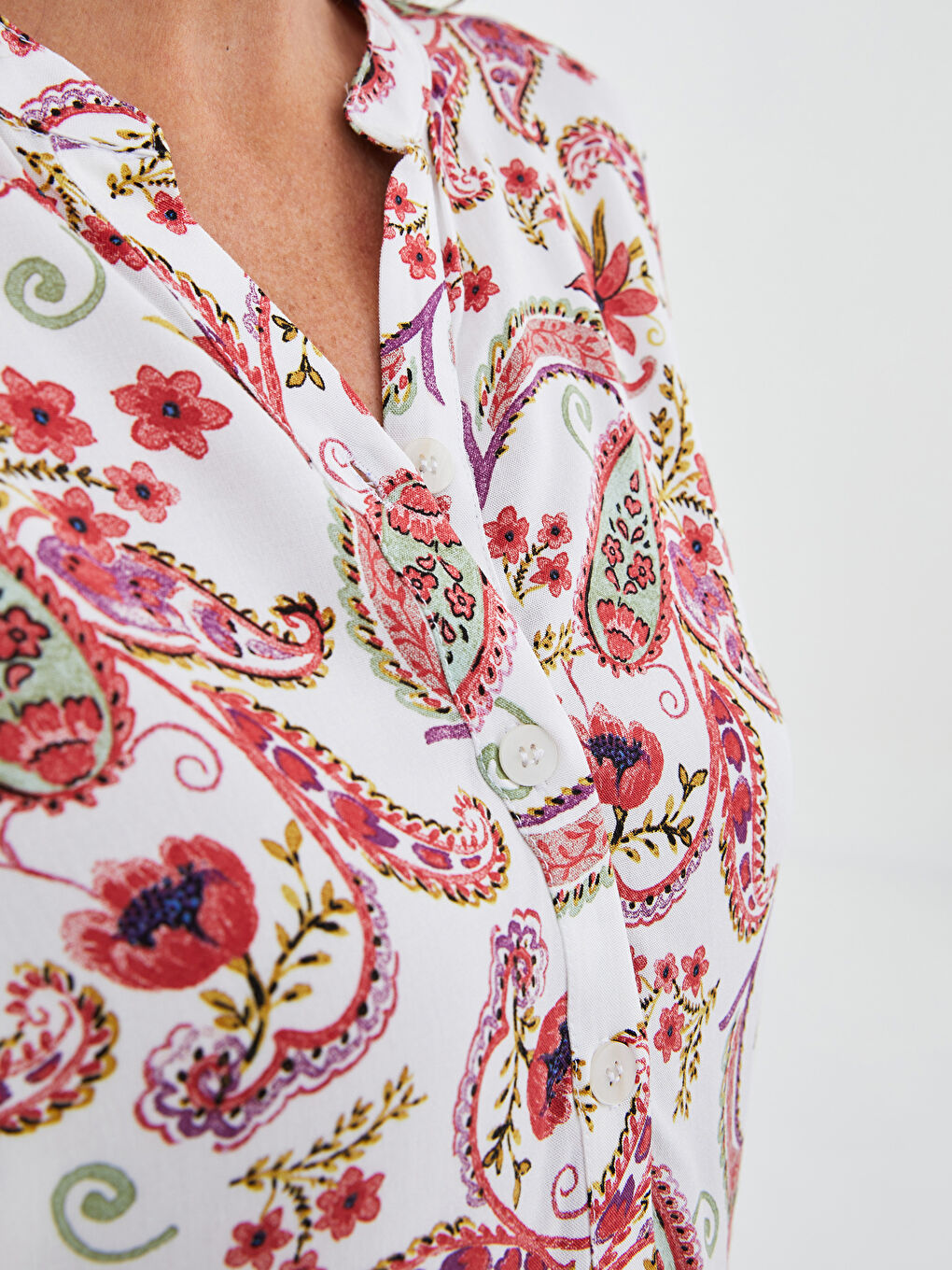 Henley Neckline Patterned Long Sleeve Viscose Women's Blouse-2