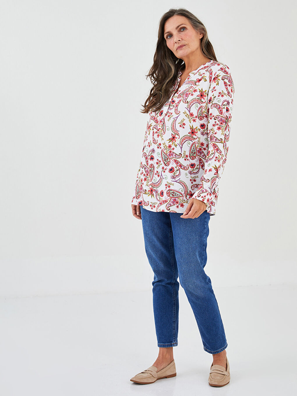 Henley Neckline Patterned Long Sleeve Viscose Women's Blouse-3
