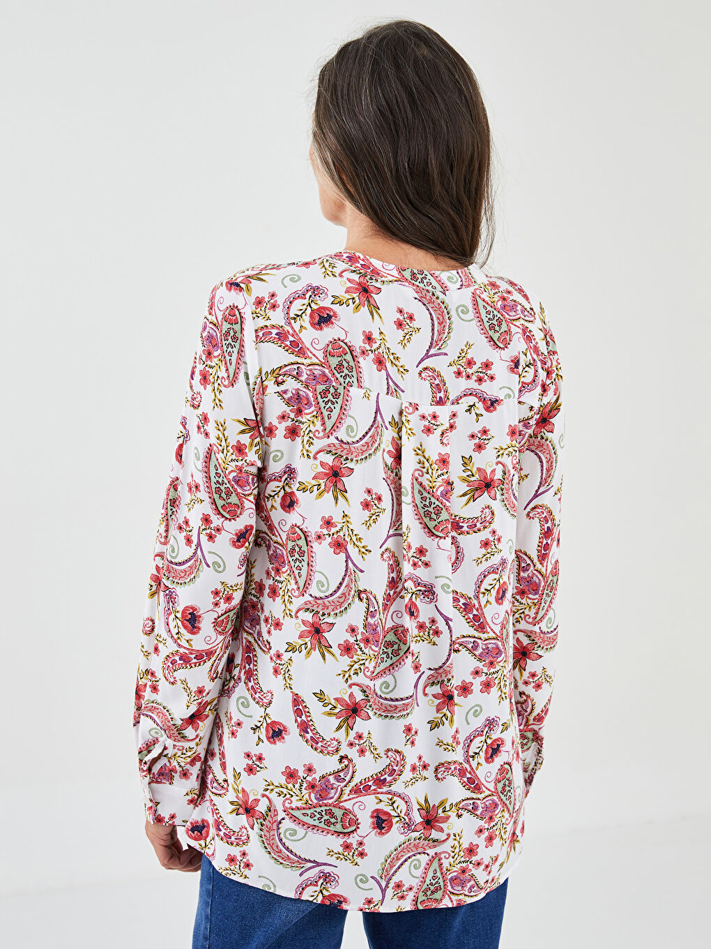 Henley Neckline Patterned Long Sleeve Viscose Women's Blouse-4