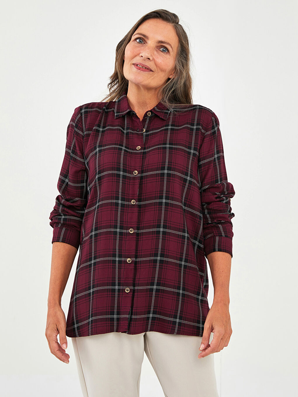 Buttoned Plaid Long Sleeve Viscose Women's Shirt-1