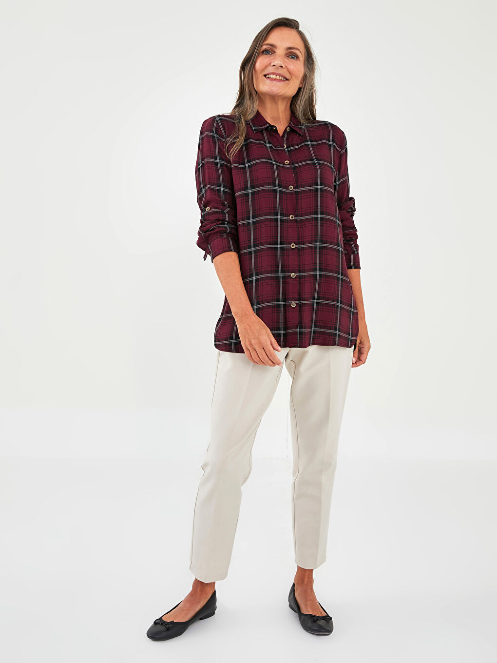 Buttoned Plaid Long Sleeve Viscose Women's Shirt-2