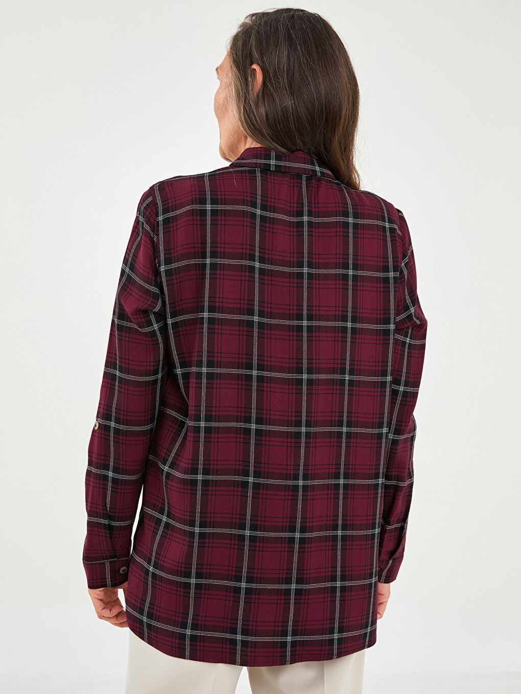 Buttoned Plaid Long Sleeve Viscose Women's Shirt-4