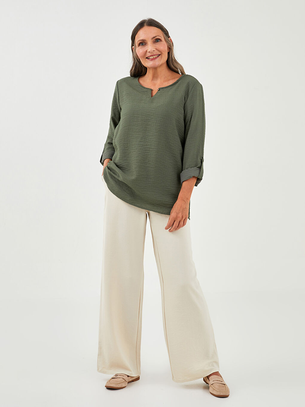 Yeşil Kaçık Yaka Uzun Kollu Pamuklu Kadın Bluz-2