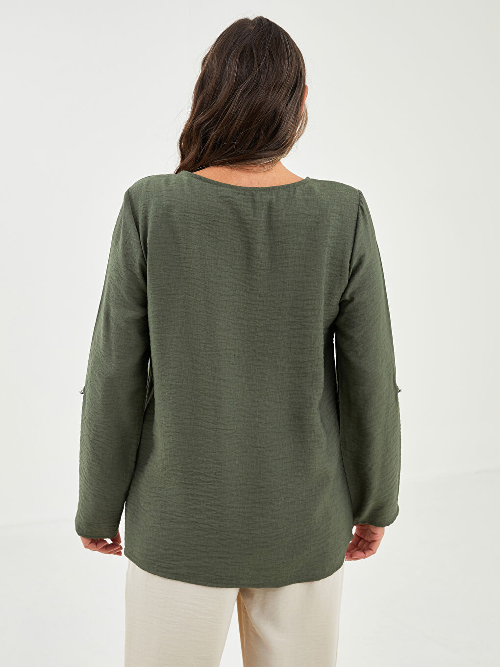 Yeşil Kaçık Yaka Uzun Kollu Pamuklu Kadın Bluz-3