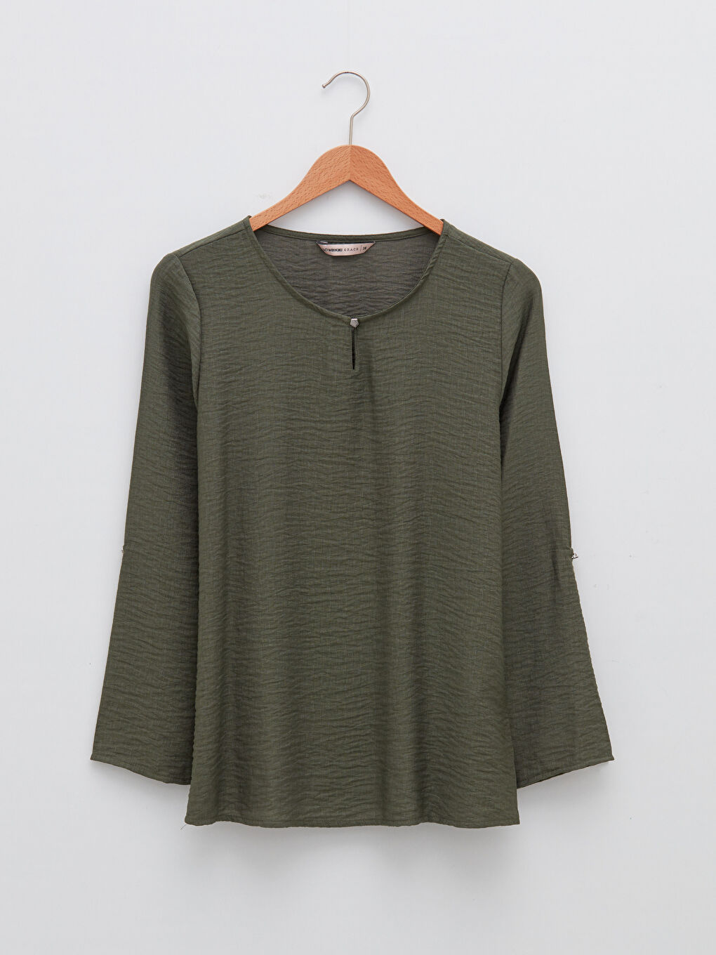 Yeşil Kaçık Yaka Uzun Kollu Pamuklu Kadın Bluz-4