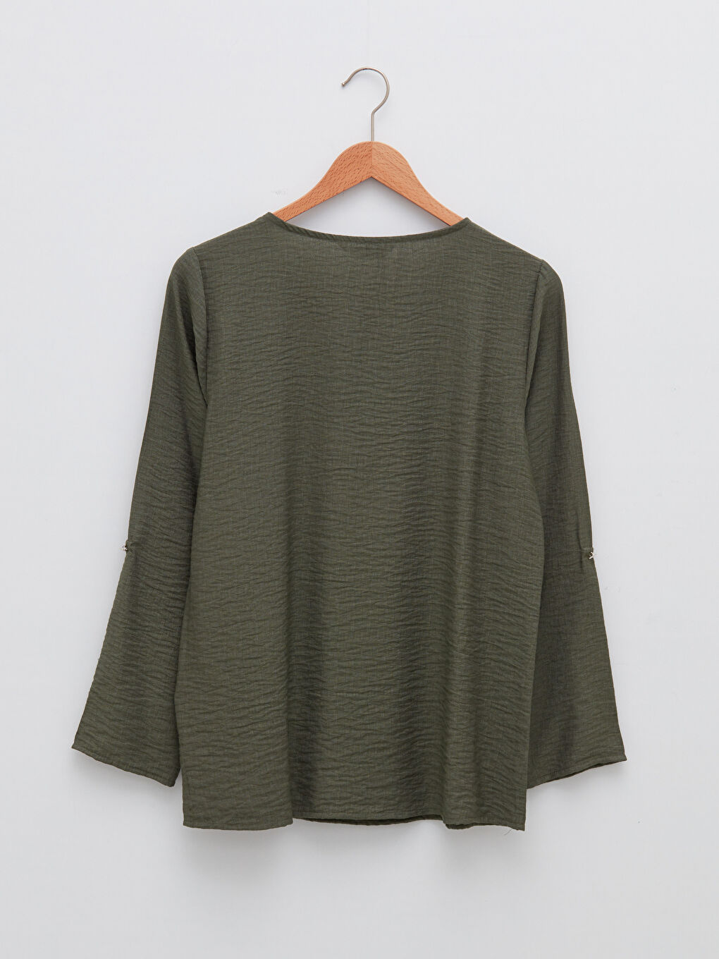 Yeşil Kaçık Yaka Uzun Kollu Pamuklu Kadın Bluz-5