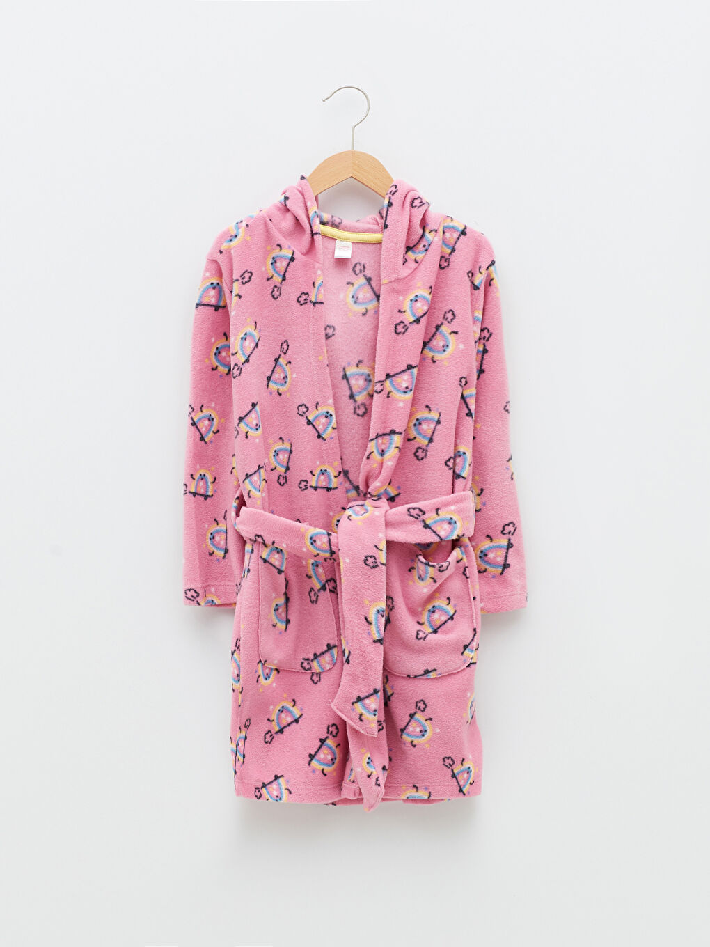 LCW Kids Hooded Patterned Long Sleeve Fleece Dressing Gown for Girls -W18257Z4-LT9
