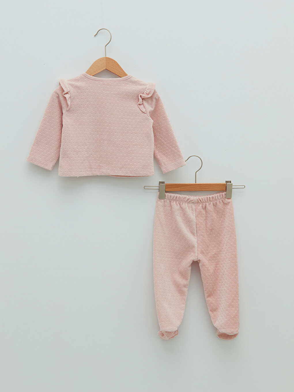 Pembe Bisiklet Yaka Nakışlı Uzun Kollu Kız Bebek Hırka Ve Pantolon 2'li Takım-1