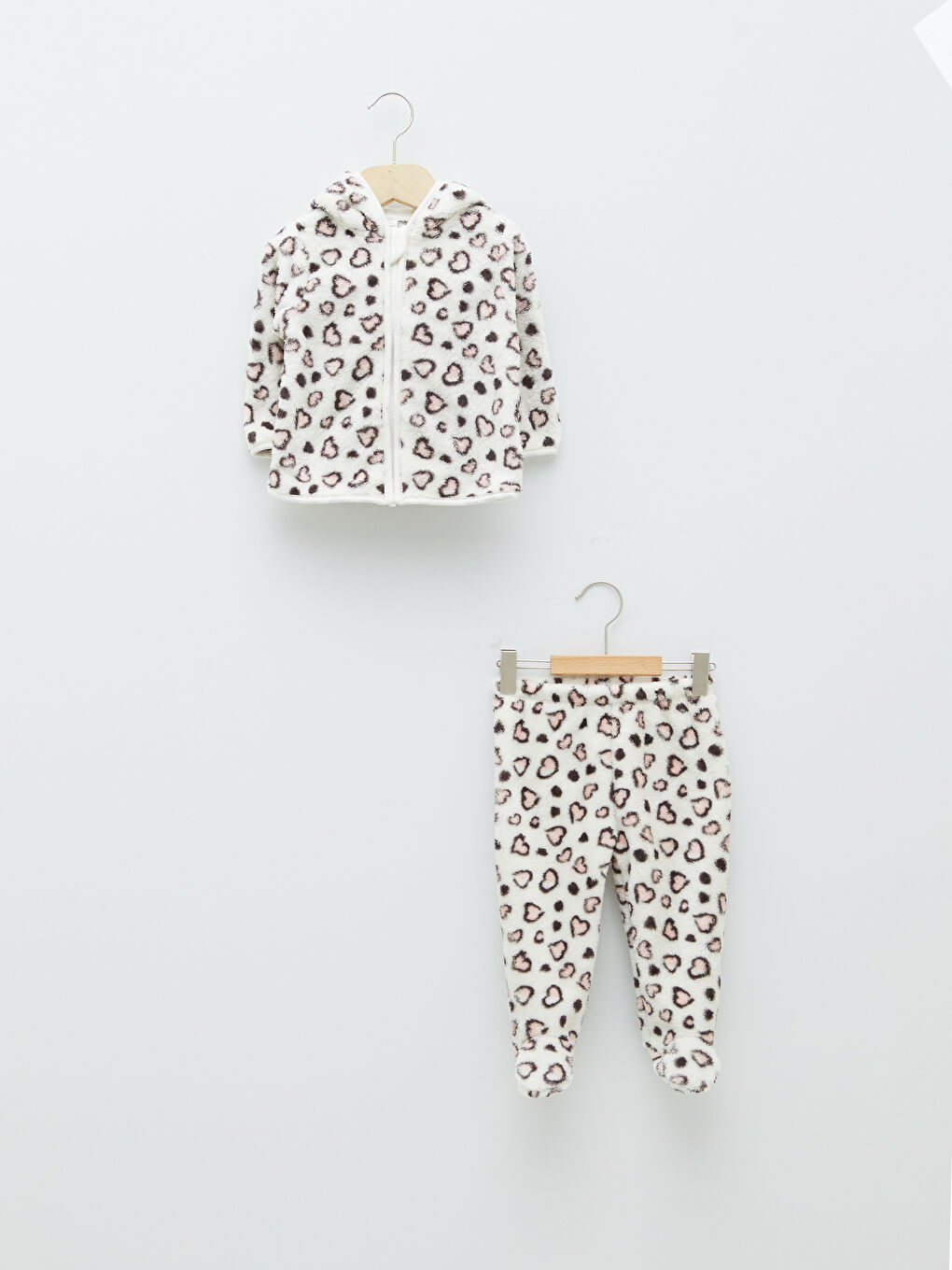 Ekru Kapüşonlu Uzun Kollu Desenli Pelüş Kız Bebek Fermuarlı Sweatshirt ve Pantolon 2'li Takım