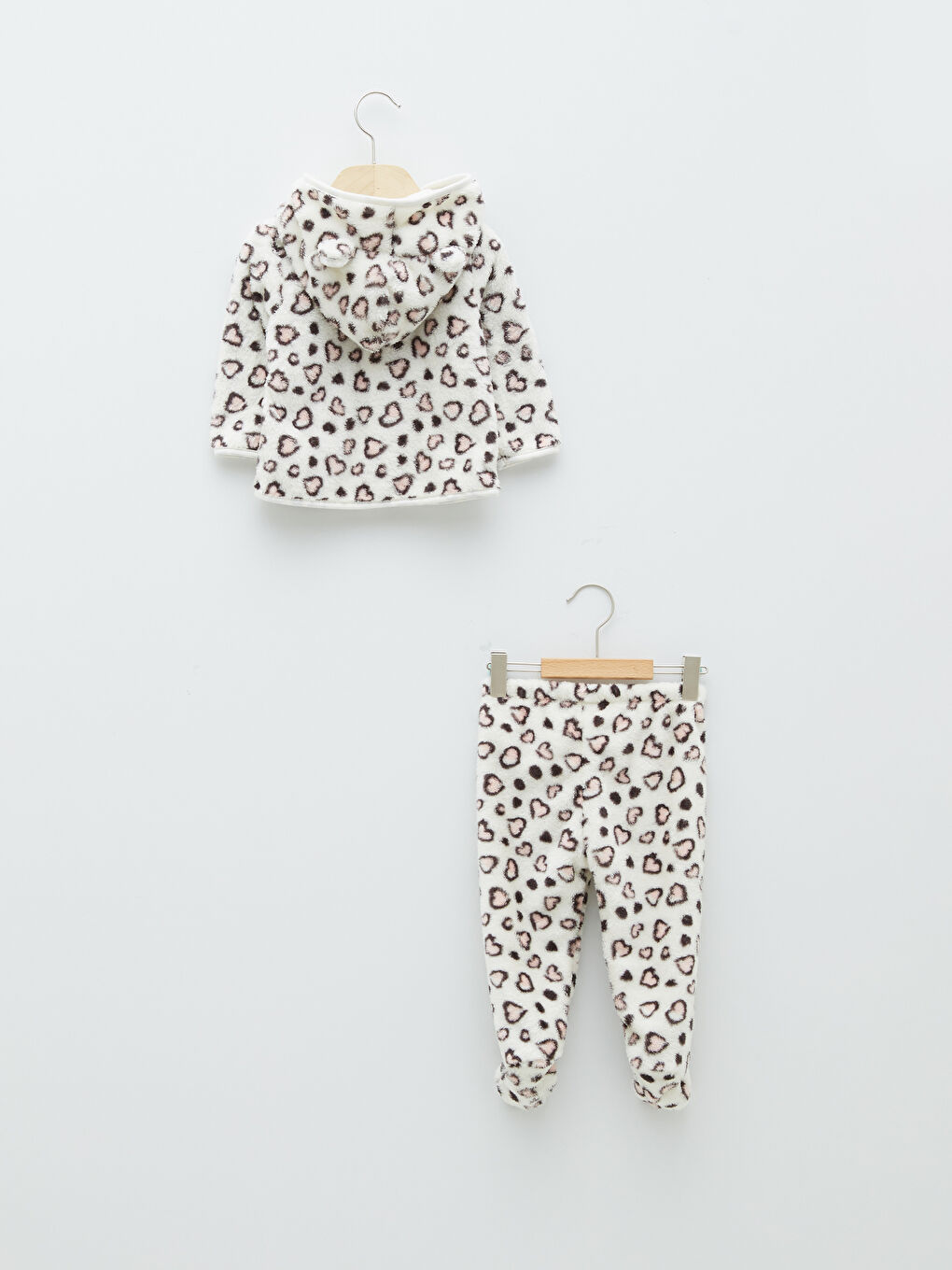 Ekru Kapüşonlu Uzun Kollu Desenli Pelüş Kız Bebek Fermuarlı Sweatshirt ve Pantolon 2'li Takım-1