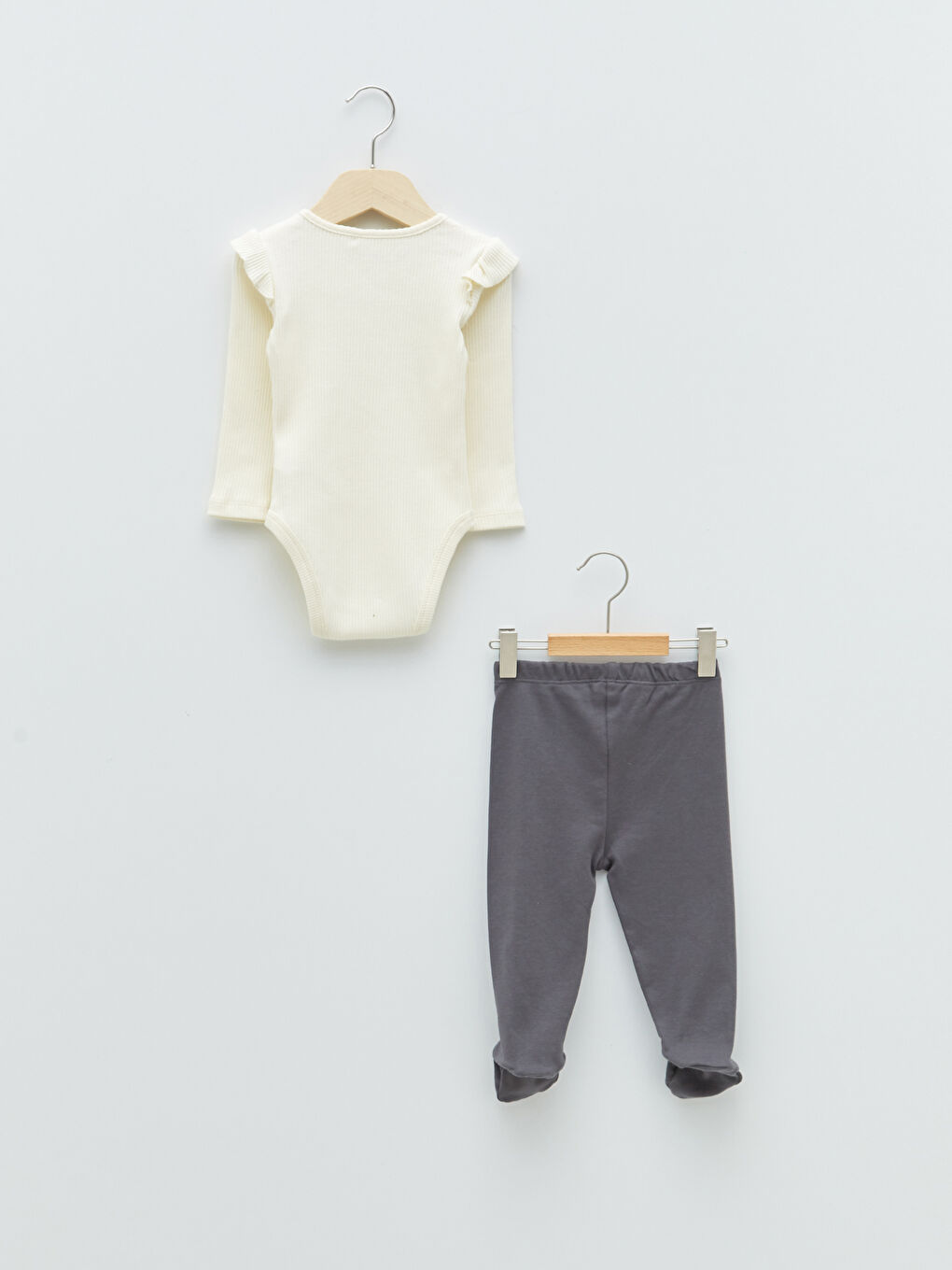 Ekru Bisiklet Yaka Uzun Kollu Baskılı Kız Bebek Çıtçıtlı Body Pantolon ve Saç Bandı 3'lü Takım-1