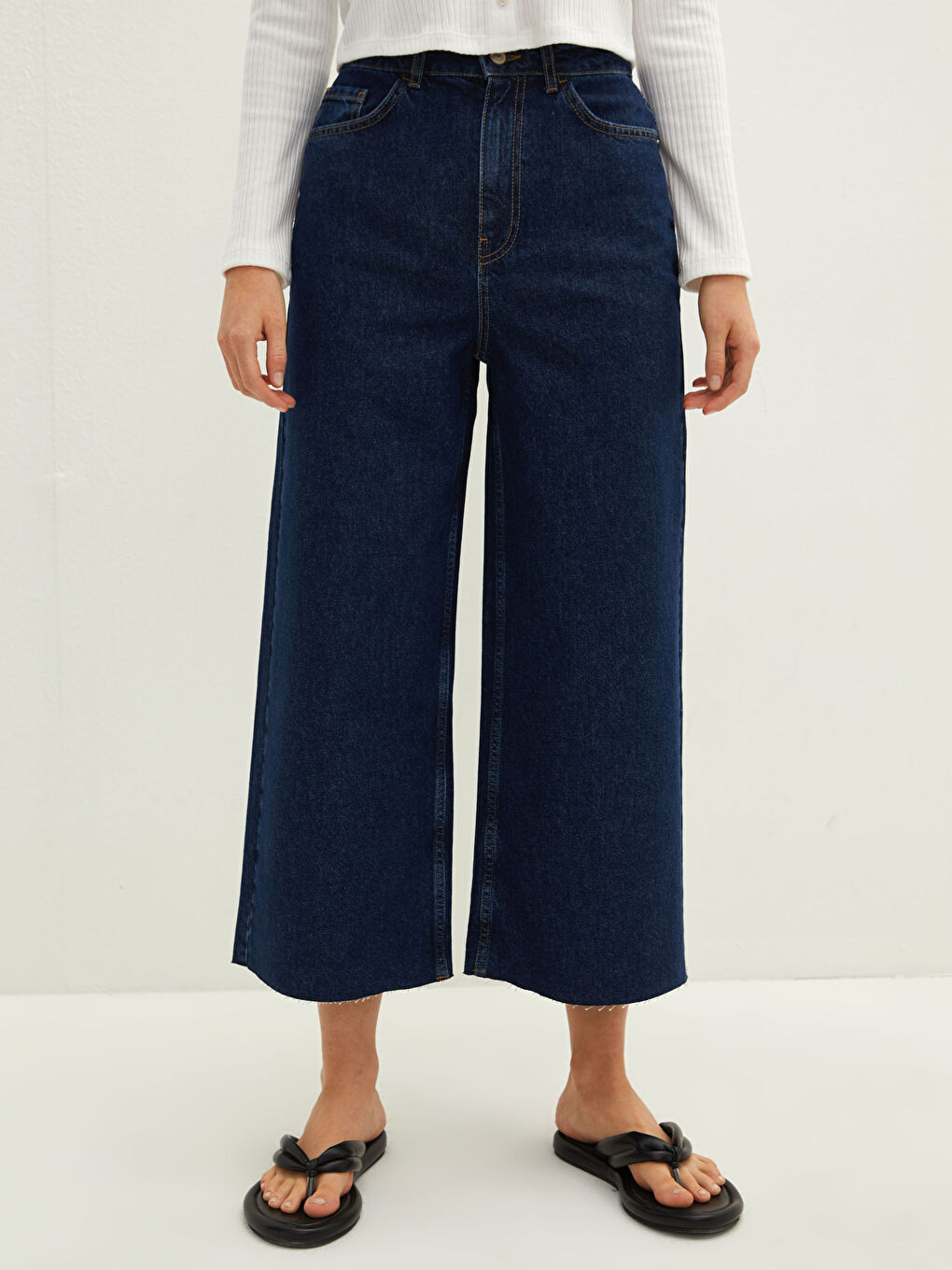 İndigo Yüksek Bel Wideleg Cep Detaylı Kadın Rodeo Jean Pantolon-2