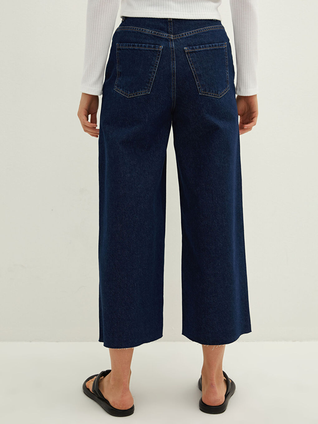 İndigo Yüksek Bel Wideleg Cep Detaylı Kadın Rodeo Jean Pantolon-3